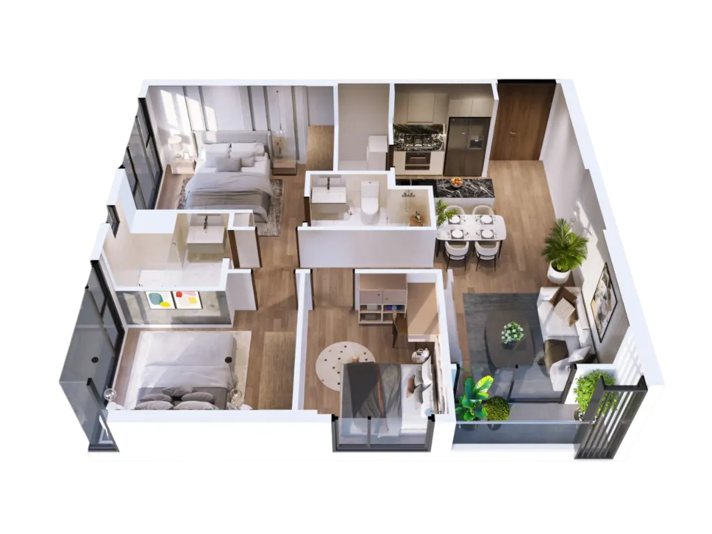 Mặt bằng bóc mái 3D Căn hộ 3PN+1, Duplex và Penthouse Masterise Cao Xà Lá