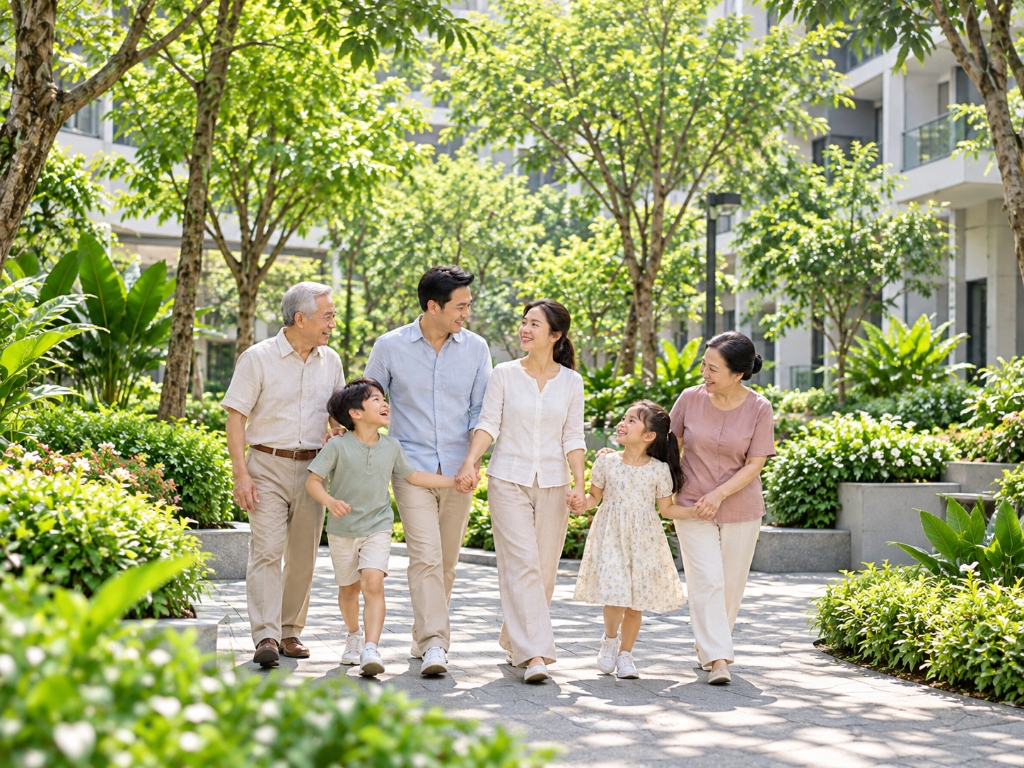 Gia đình đa thế hệ dạo bước trong khuôn viên sinh thái xanh Masterise Hanoi Seasons Garden